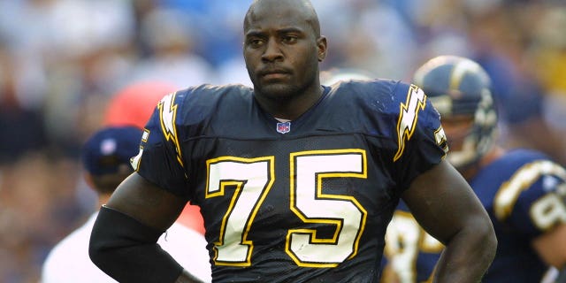 Chargers defensive lineman Marcellus Wiley takes a breather during a Buffalo Bills game at Qualcomm Stadium in San Diego, California.