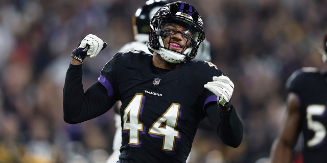 Baltimore Ravens No. 44 Marlon Humphrey reacts during an NFL football game between the Baltimore Ravens and Pittsburgh Steelers at M&T Bank Stadium on January 1, 2023 in Baltimore.