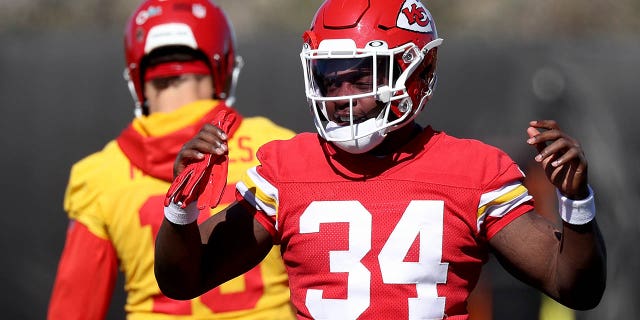 Melvin Gordon III #34 of the Kansas City Chiefs participates in a practice session prior to Super Bowl LVII at the Arizona State University practice facility on February 9, 2023 in Tempe, Arizona.  The Kansas City Chiefs play the Philadelphia Eagles in Super Bowl LVII on February 12, 2023 at State Farm Stadium.