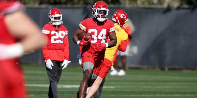 Melvin Gordon III #34 of the Kansas City Chiefs participates in a practice session prior to Super Bowl LVII at Arizona State University Practice Facility on Feb. 9, 2023 in Tempe, Arizona. The Kansas City Chiefs play the Philadelphia Eagles in Super Bowl LVII on February 12, 2023 at State Farm Stadium.