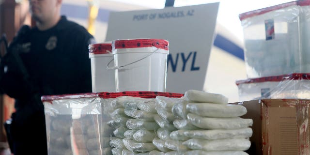 A display of the fentanyl and meth that was seized by U.S. Customs and Border Protection officers at the Nogales Port of Entry is shown during a press conference, on Jan. 31, 2019, in Nogales, Ariz.