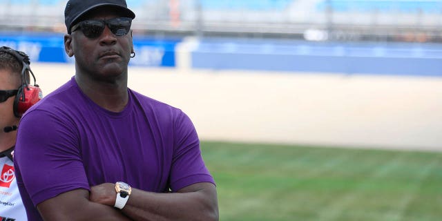 Michael Jordan, co-owner of 23xi racing, watches the action on pit road during qualifying for the 2nd annual Ally 400 on June 25, 2022, at Nashville SuperSpeedway in Tennessee.