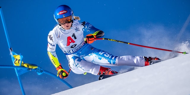 Alpine Skiing: World Cup, Super G, Women: Mikaela Shiffrin, USA, on the course.