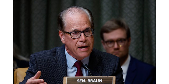 Indiana Senator Mike Braun speaks during a Senate Appropriations Subcommittee hearing in Washington, D.C., on Wednesday, May 25, 2022.