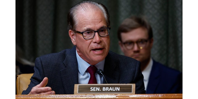 Sen. Mike Braun, a Republican from Indiana, speaks during a Senate Appropriations Subcommittee hearing in Washington, D.C., on May 25, 2022.