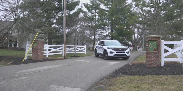 A police vehicle blocks the entrance to former Vice President Mike Pence's Indiana home, Friday, Feb. 10, 2023.