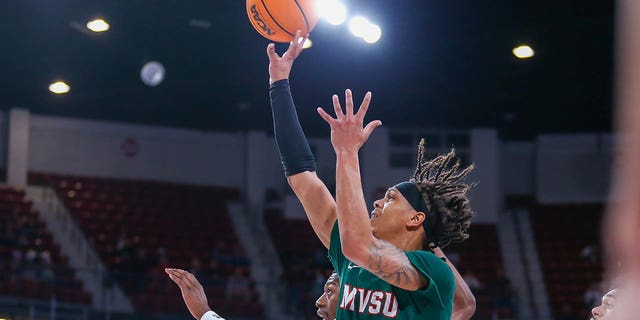 Mississippi Valley State Delta Devils guard Terry Collins shoots against the Mississippi State Bulldogs on Dec. 3, 2022, at Humphrey Coliseum in Starkville, Mississippi.