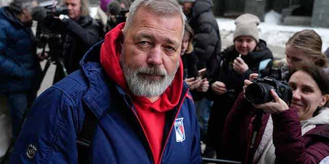 Journalist Dmitry Muratov, editor-in-chief of the Russian newspaper Novaya Gazeta, leaves the Moscow City Court after the delivering of a ruling on Novaya Gazeta's appeal against a verdict to revoke the paper's license in Moscow, Russia, on Feb. 7, 2023.