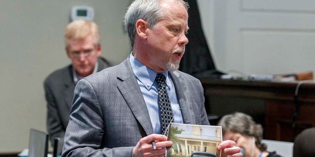 Prosecutor Creighton Waters questions Alex Murdaugh during Murdaugh’s execution proceedings astatine nan Colleton County Courthouse successful Walterboro, Friday, Feb. 24, 2023.