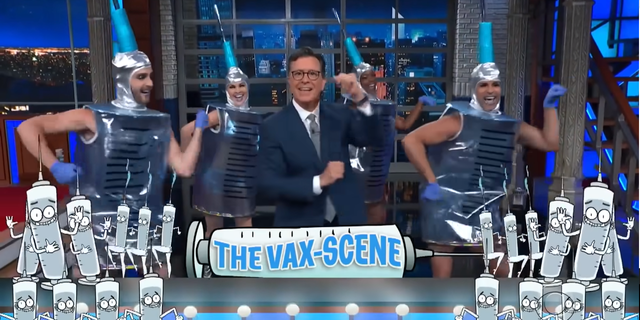 Colbert was slammed in 2021 for dancing with performers dressed to look like COVID vaccine syringes, in a bit that podcast host Joe Rogan called "strange."