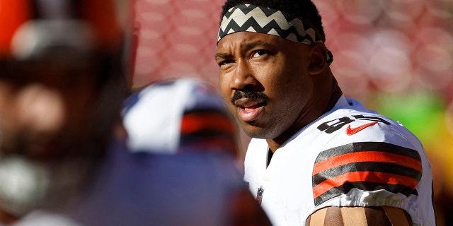 Jan 1, 2023; Landover, Maryland, USA; Cleveland Browns defensive end Myles Garrett (95) stands on the field during pregame warmup prior to the Browns' game against the Washington Commanders at FedExField.
