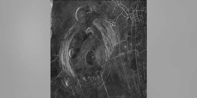This radar image from NASA’s Magellan ngo shows information fracture patterns surrounding nan "Aine" corona, located successful Venus’ confederate hemisphere. The corona is astir 124 miles (200 kilometers) crossed and shows various features that whitethorn beryllium associated pinch volcanic activity.
