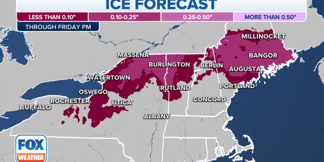 The ice forecast through Friday night in New England, Great Lakes