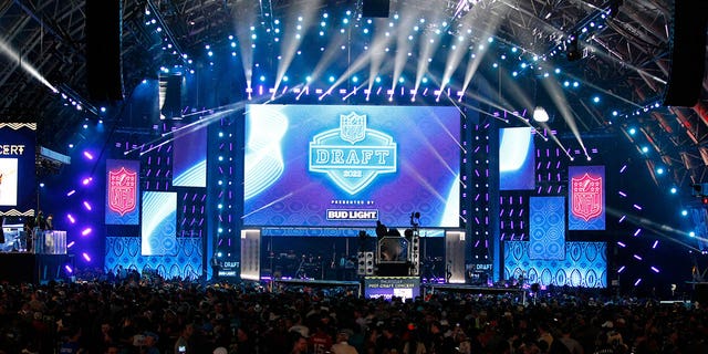 The NFL Draft Theater Stage astatine Caesars Forum connected April 28, 2022 successful Las Vegas.