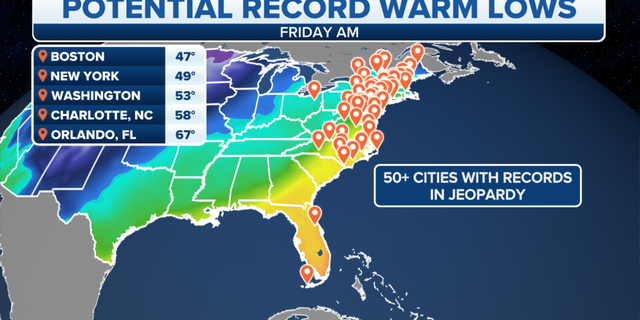 Potential record warm lows across the eastern U.S.