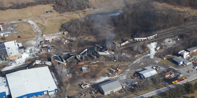 An aerial view of the train derailment in East Palestine, Ohio
