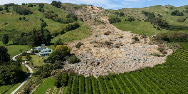 A large slip in the Taurau Valley near Gisborne from Cyclone Gabrielle, on Feb. 18, 2023.