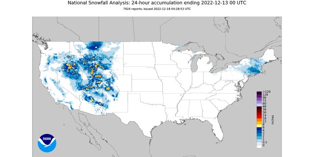A 24-hour U.S. snowfall analysis for Dec. 13.