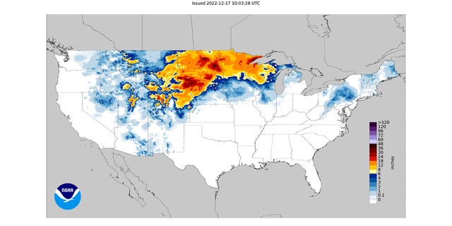 A 72-hour US snowfall analysis ending December 16.