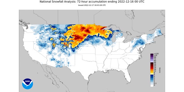 A 72-hour U.S. snowfall analysis ending on Dec. 16.