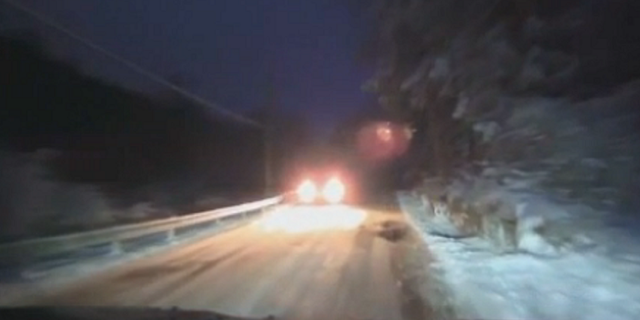 Snow is seen falling on roads north of New York City on Tuesday, Feb. 28.