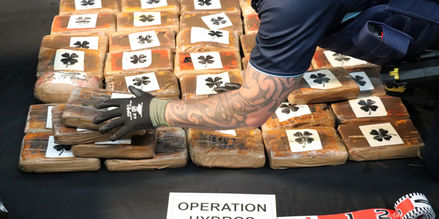 A New Zealand official stacks bricks of cocaine following the discovery.