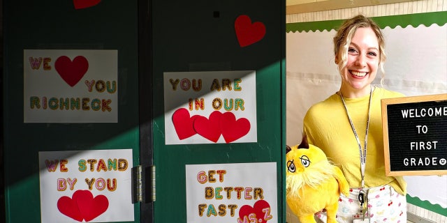 Messages of support for teacher Abby Zwerner, who was shot by a 6-year-old student, grace the front door of Richneck Elementary School Newport News, Va., Jan. 6, 2023.