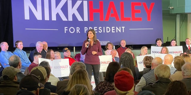 Former South Carolina Gov. Nikki Haley, a 2024 Republican presidential candidate, speaks at a town hall in Exeter, New Hampshire, on Feb. 16, 2023.