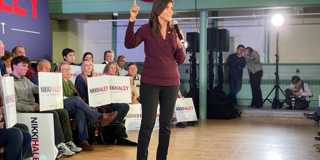 Former South Carolina Gov. Nikki Haley, a 2024 Republican presidential candidate, speaks at a town hall in Exeter, New Hampshire, on Feb. 16, 2023.