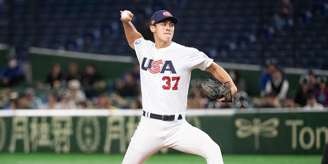 Noah Song of Team USA throws during a WBSC Premier 12 Super Round game against Chinese Taipei at Tokyo Dome on November 15, 2019 in Tokyo.