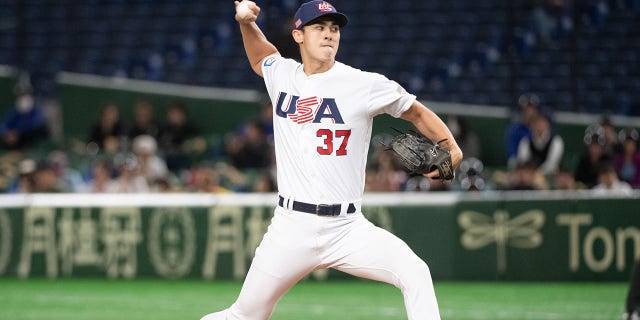 Noah Song of Team USA pitches during a WBSC Premier 12 Super Round game against Chinese Taipei at the Tokyo Dome Nov. 15, 2019, in Tokyo.