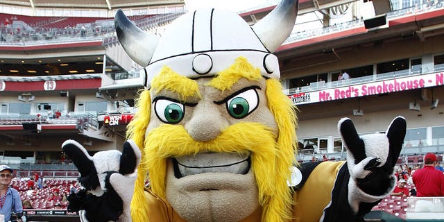 Victor E. Viking of Northern Kentucky University takes the field for the annual Mascot Tee Ball game on Aug. 27, 2011, at Great American Ball Park in Cincinnati, Ohio.