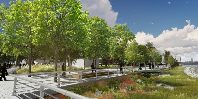 Hudson River Park's new Gansevoort Peninsula will include salt marshes on its northern edge, as the rendering shown here indicates. 