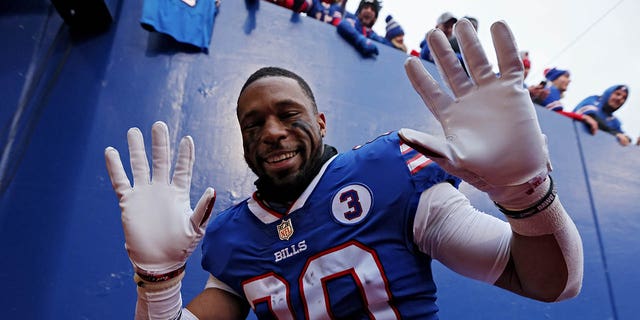 Nyhem Hines of the Bills celebrates after Buffalo's 35-23 win against the New England Patriots at Highmark Stadium on January 8, 2023 in Orchard Park, New York.