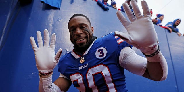 Nyhem Hines of the Bills celebrates after Buffalo's 35-23 win against the New England Patriots at Highmark Stadium on January 8, 2023 in Orchard Park, New York.