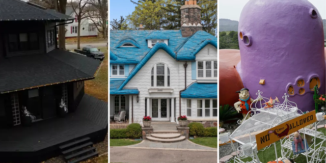 The "Goth Home" in Illinois, left, the "Smurf House" in Michigan, center, and the "Flintstone House" in California.