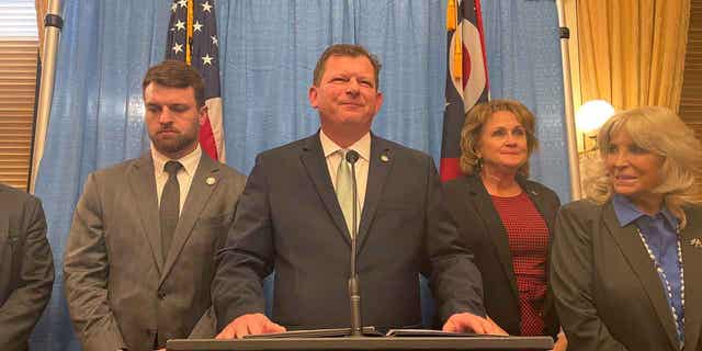 Ohio House Speaker Jason Stephens speaks on Feb. 15, 2023, at the Ohio Statehouse in Columbus to lay out the GOP-dominated chamber's priorities for the state's new legislative session. 