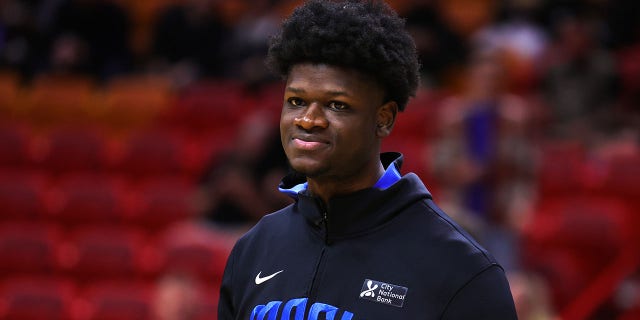 Mo Bamba #11 of the Orlando Magic warms up before a game against the Miami Heat at Miami-Dade Arena on January 27, 2023 in Miami, Florida.