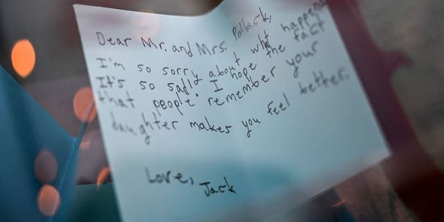 A letter is pictured during a spiritual service for the victims of Marjory Stoneman Douglas High School shooting, on the fifth anniversary of the massacre, in Parkland, Florida, on February 14, 2023. 