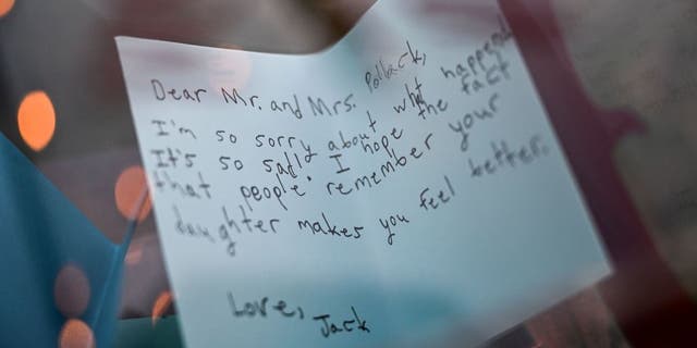 A letter is pictured during a spiritual service for the victims of Marjory Stoneman Douglas High School shooting, on the fifth anniversary of the massacre, in Parkland, Florida, on February 14, 2023.Â