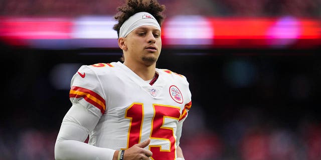Patrick Mahomes of the Kansas City Chiefs warms up against the Texans at NRG Stadium on December 18, 2022 in Houston.