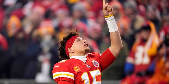 Chiefs quarterback Patrick Mahomes reacts before the AFC Championship game against the Cincinnati Bengals, Jan. 29, 2023, in Kansas City, Missouri.