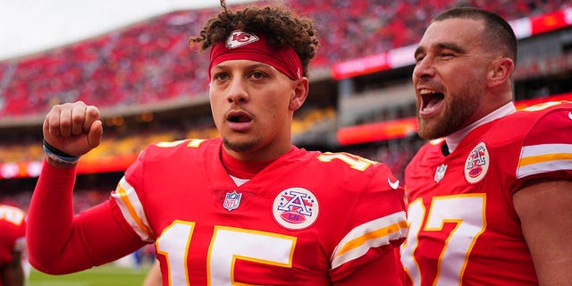 Patrick Mahomes of the Chiefs leads the pregame huddle against the Los Angeles Rams at GEHA Field at Arrowhead Stadium on Nov. 27, 2022 in Kansas City, Missouri.