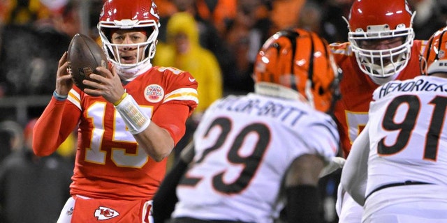 Chiefs quarterback Patrick Mahomes looks for a receiver in the AFC Championship game on Jan. 29, 2023, at GEHA Field at Arrowhead Stadium in Kansas City, Missouri.