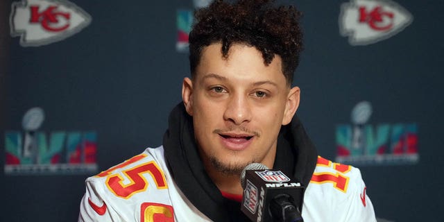 Kansas City Chiefs quarterback Patrick Mahomes speaks to the media during a Super Bowl LVII press conference at the Hyatt Regency at Gainey Ranch in Scottsdale, Arizona on February 9, 2023.