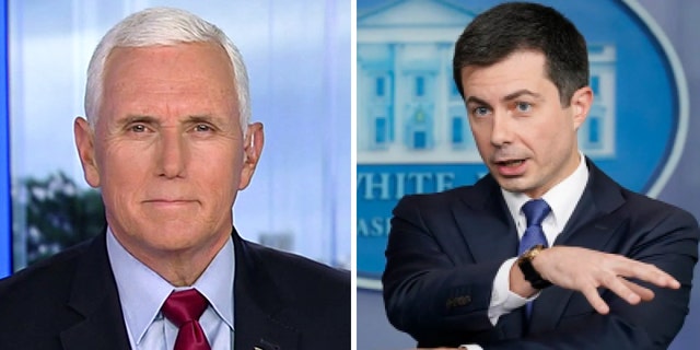 Side by side of former Vice President Mike Pence, left, and Transportation Secretary Pete Buttigieg.