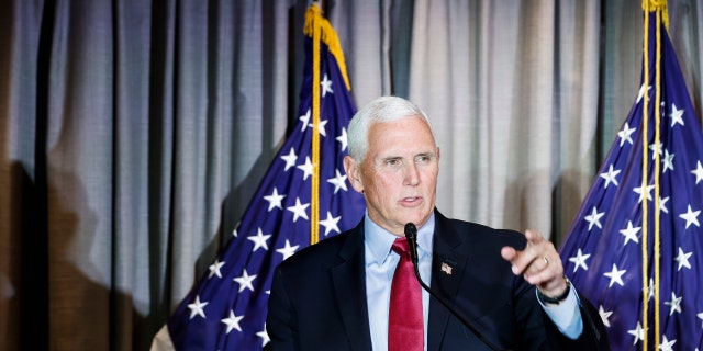 Former Vice President Mike Pence gives remarks at the Calvin Coolidge Foundation’s conference at the Library of Congress on Feb. 16, 2023, in Washington, D.C. 
