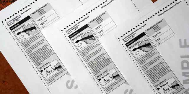 Sample ballots are shown on Feb. 3, 2023, for the three Pennsylvania districts that will choose new State Representatives on Feb. 7, 2023. If Democrats sweep all three districts it will give them a 102-101 majority.