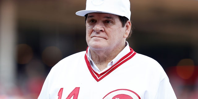 El gran Pete Rose de los Cincinnati Reds es honrado junto con sus compañeros del equipo del Campeonato de la Serie Mundial de 1976 antes del comienzo del juego entre los Cincinnati Reds y los San Diego Padres en el Great American Ball Park el 24 de junio de 2016 en Cincinnati.