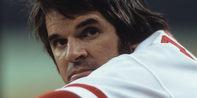 Closeup of Cincinnati Reds Pete Rose, #14, during game versus the Philadelphia Phillies at Riverfront Stadium in Cincinnati.